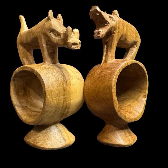 Vintage 1971 Hand Carved Wood Rhino Horse African Animal Fork Napkin Ring Kenya - Picture 2 of 7